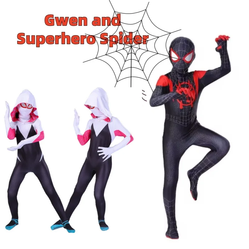 

New GwenSuperhero Spider Costume Jumpsuit Miles Spider Halloween Cosplay Costumes Bodysuit Head Cover Separation Party Set
