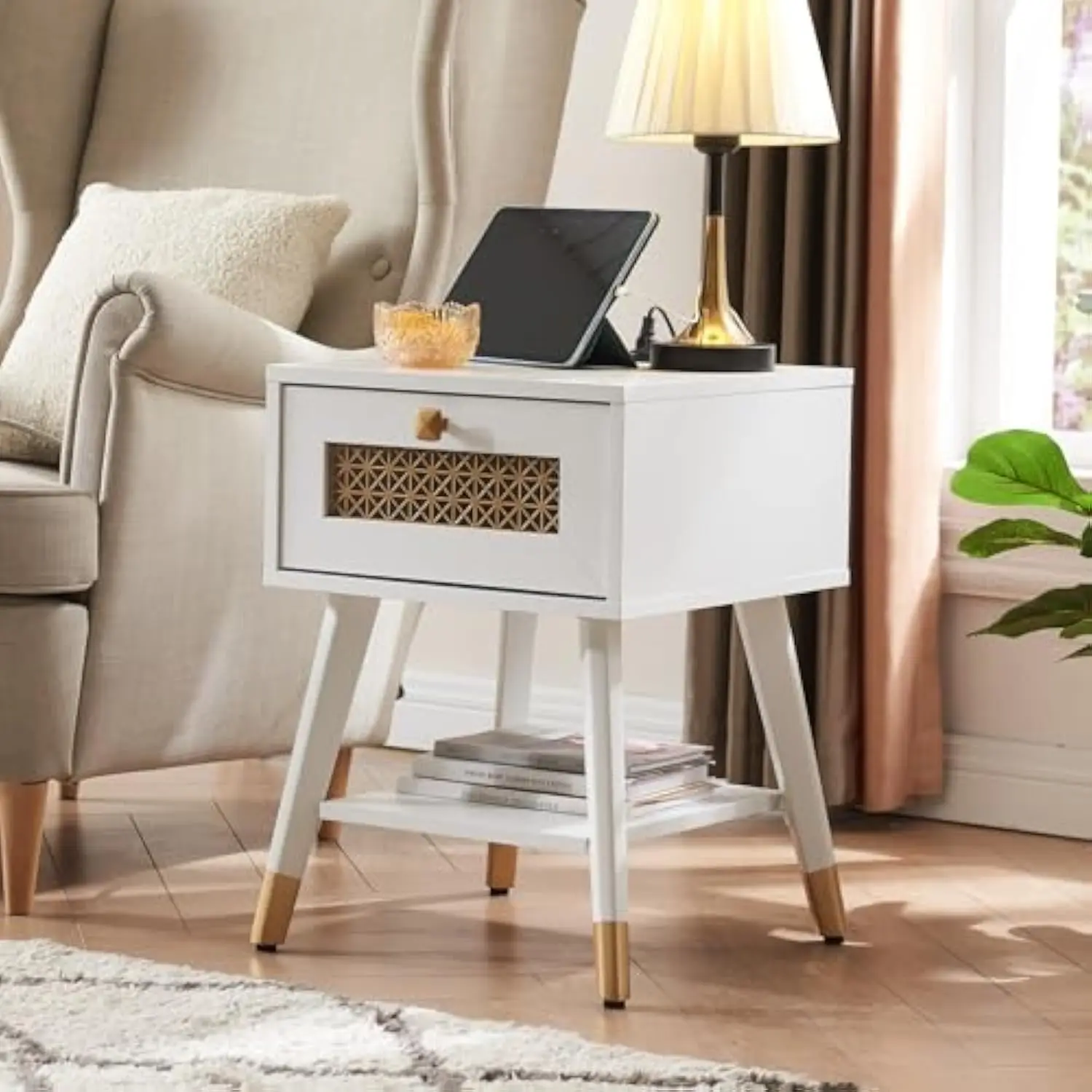 

Mid Century Modern End Table with Charging Station - Small Side Table Nightstand with USB Ports & Outlets, Storage Drawer & Ope