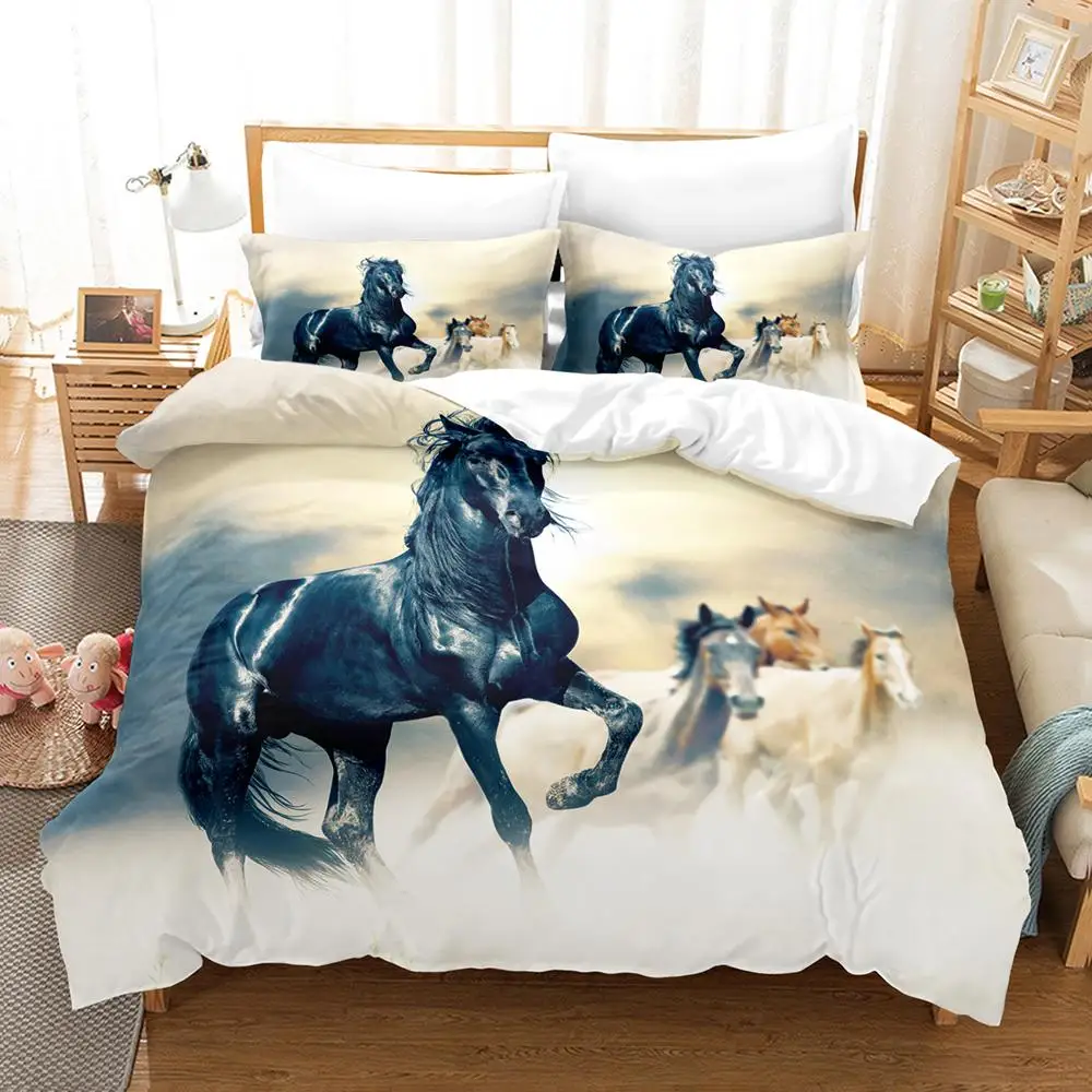 Horse Duvet Cover Set King Size Black White Brown Horse Printed Quilt Cover Polyester 3D Animal for Adults Teens Comforter Cover