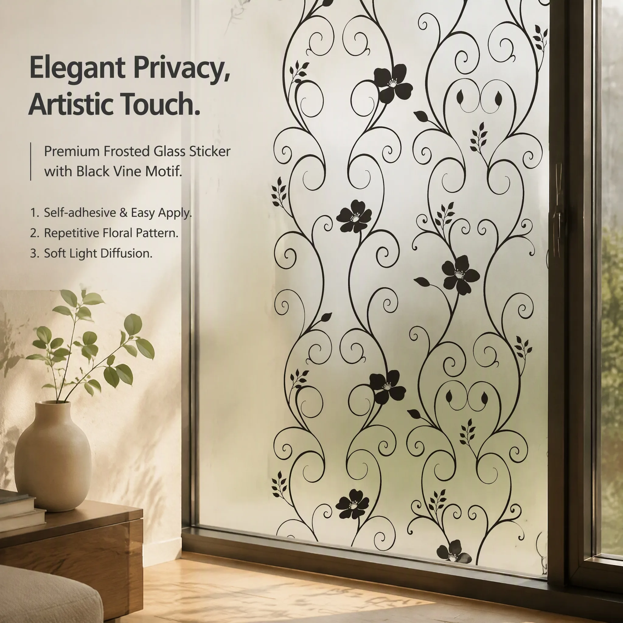 Self Adhesive Scroll Floral Window Film Frosted Anti UV Heat Insulation Privacy Decorative Film for Home Decor