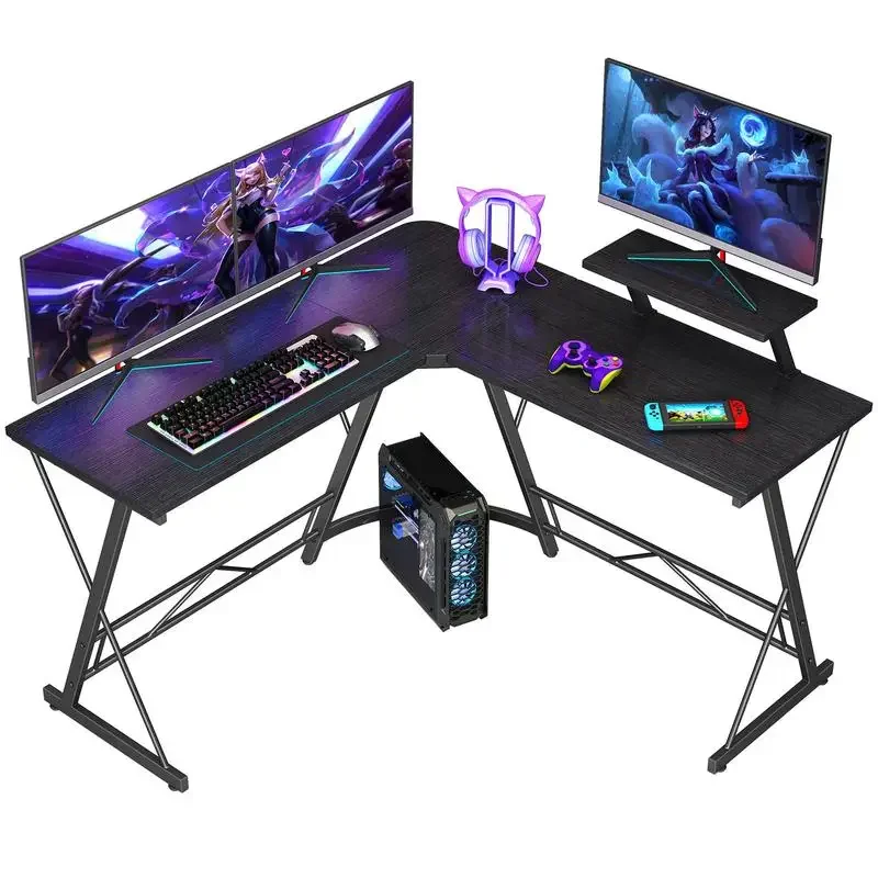 Escritorio para juegos en forma de L, escritorio esquinero para ordenador, mesa de escritorio para juegos de PC con soporte elevador para Monitor grande para oficina en casa, escritura resistente