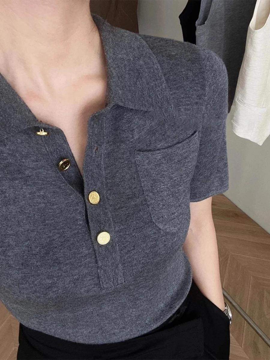 

Ele k ey Вязаный ort Sve irt V-Ne Женский летний облегающий топ для поездок на работу Корейская однотонная футболка