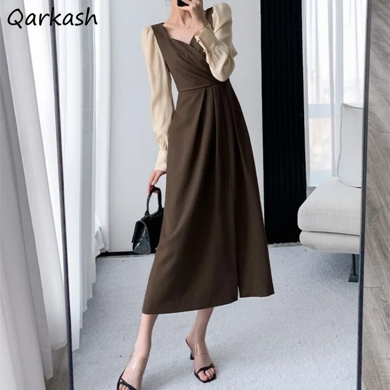 

Mid-calf Dresses for Women Elegant Panelled Design Square Collar Female Fashion Summer Slit Asymmetrical Chic Fit Korean Style