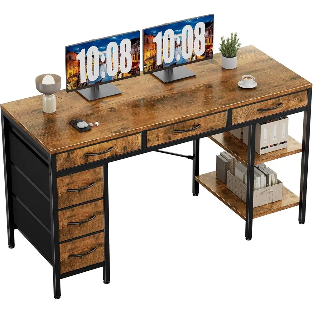

55" Computer Desk with 6 Ders, Home Oice Gaming Desks with Storage Shelves or Bedroom, Writing Study Living Room Work Table Rust