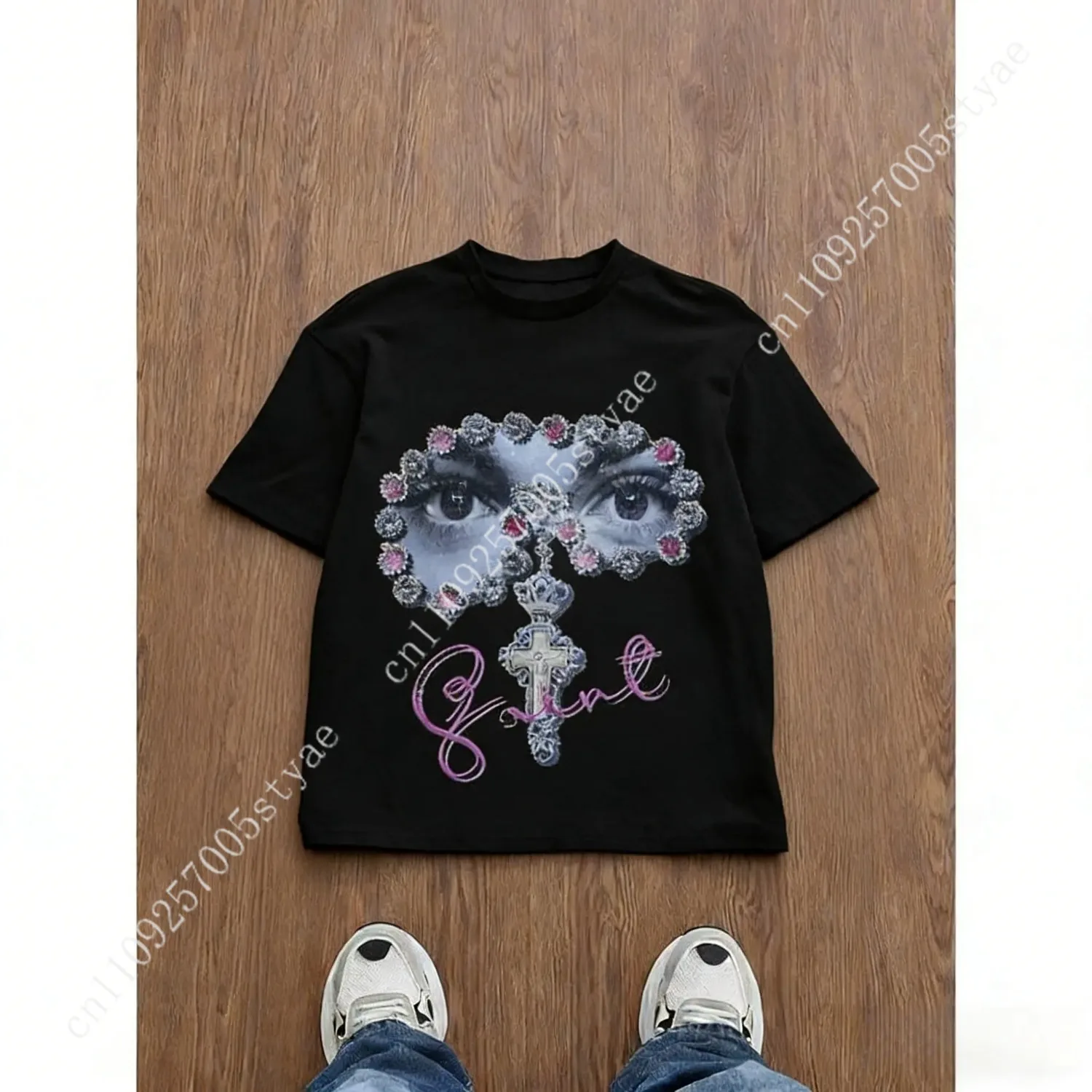 Men's Loose Fit Graphic Print T-Shirt, Y2K Style, Gem Embellished Eye Cross Pattern, All-Season Casual Wear, Unisex Street Fashi view 2