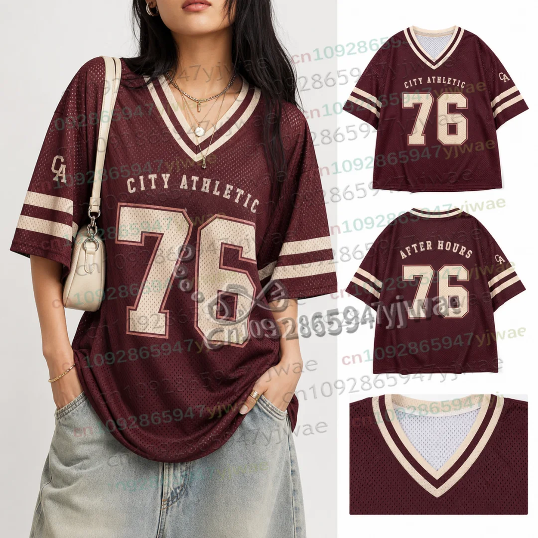 American Streetwear Football Jersey Summer Special Edition Women V-Neck Hole TShirt Short Sleeve Rushready Y2K Mens Beach Tshirt
