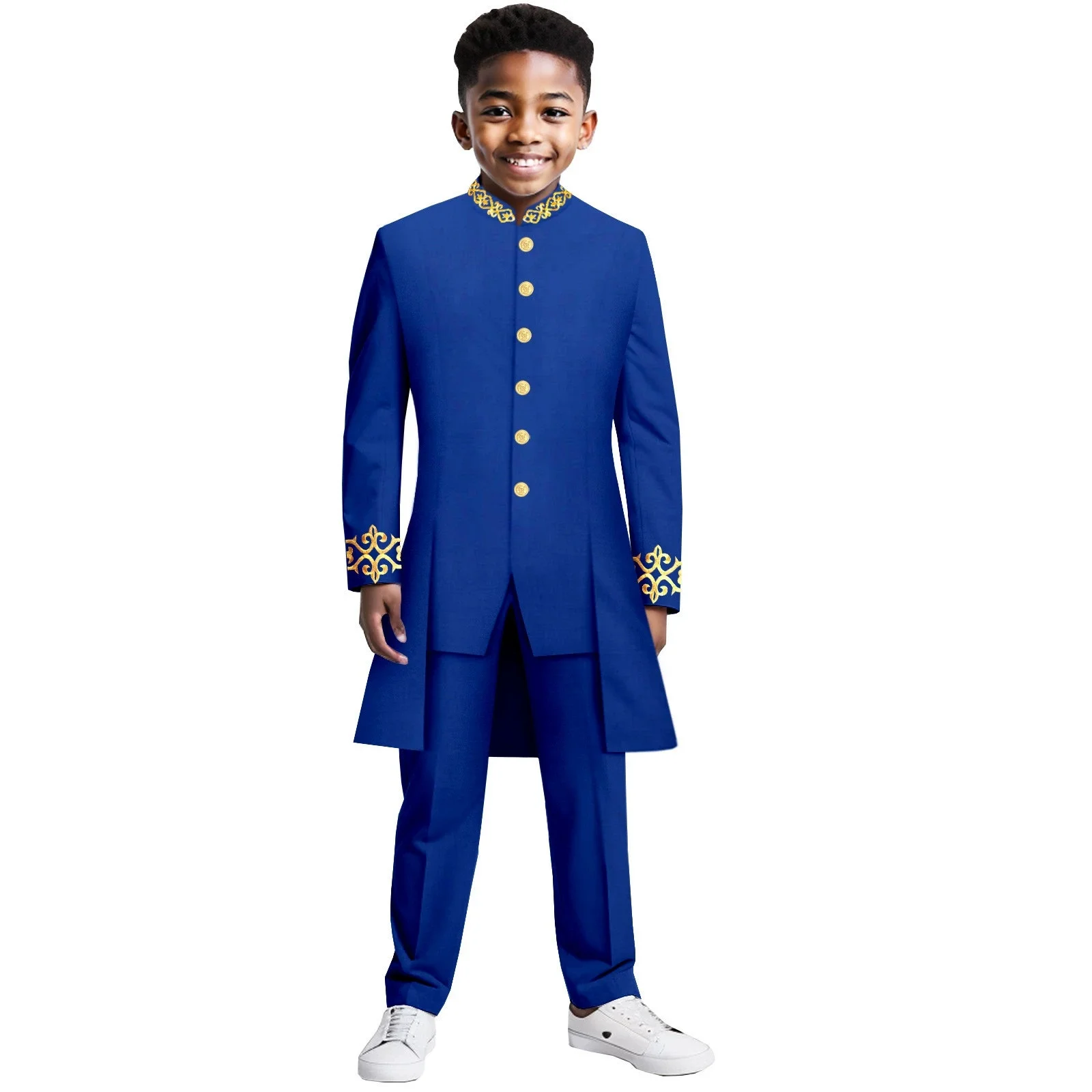 인도 스타일 소년 정장 턱시도 긴 정장 싱글 브레스트 자켓과 바지 세트 웨딩 패션 어린이 파티 드레스