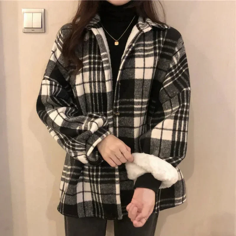 Thick Women Shirts Winter Warm Long Sleeve Vintage Plaid Female Button Up Coffee New Laides Coats Korean Casual Tops