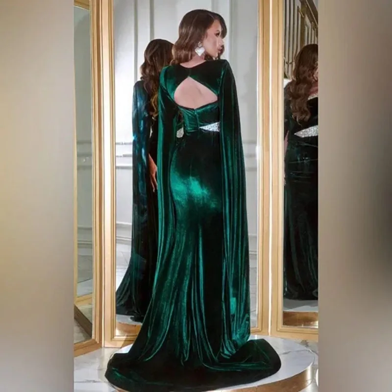 Green Velvet Cape Long Sleeve Chapel Train Evening Dresses Sweetheart Crystal Mermaid Formal Occasion Women Dress 2024