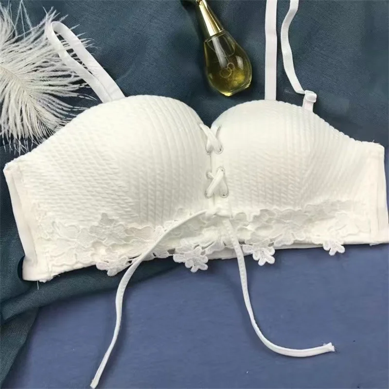 White Strapless Bras Push Up Drawstring Korean Style Seamless Bra No Wire Floral Underwear Women Bralette Brasieres Para Mujer