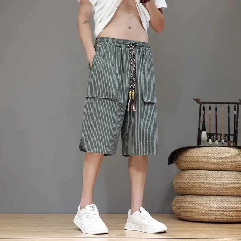LIBIELIY Summer Striped Knee Length Pants Men Chinese Style Thin Casual Shorts Male Loose Sports Streetwear Jogging Short Trouse