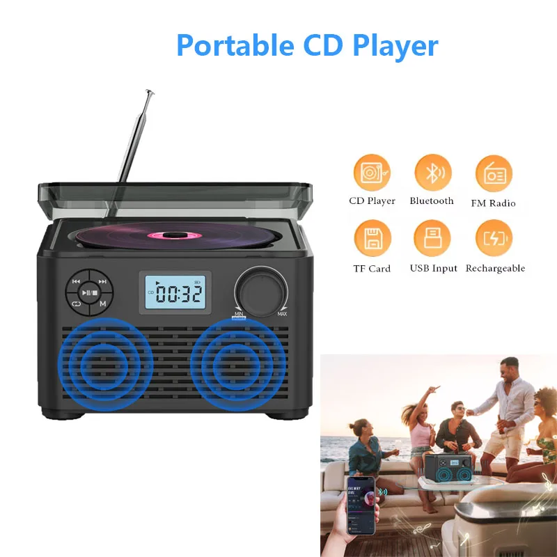

Портативный CD-плеер с динамиками и Bluetooth, FM-радио, ретро-дизайн, для домашнего использования, компактный, перезаряжаемый, с USB и MP3