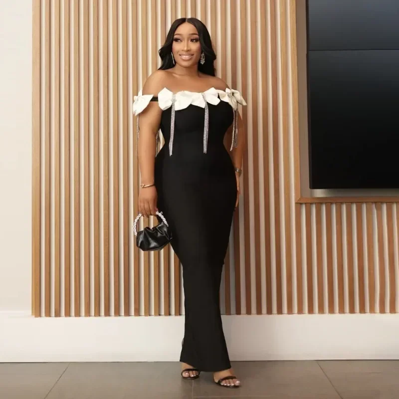 GUWU ฤดูใบไม้ร่วง Rhinestones พู่ Strapless Bow ผู้หญิงแขนกุดชุดยาววันเกิดชุดราตรีชุด Maxi