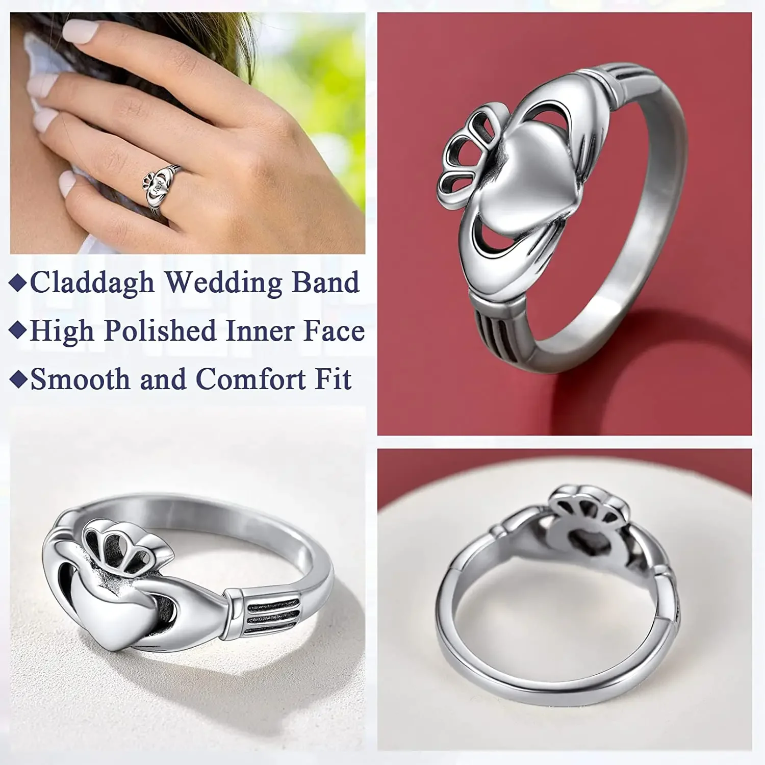 ChainsPro Claddagh Rings for Love Retro-style Stainless Steel 14K Gold Plated Crown Heart Hand Women Wedding Anniversary Ring