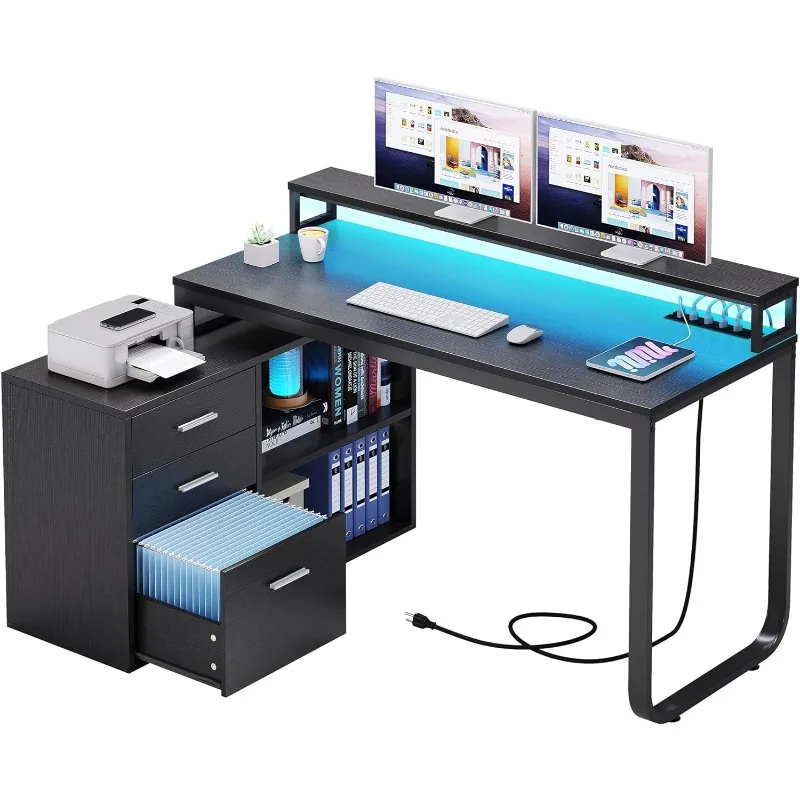 Desk with power sockets, LED light and filing cabinet with drawers and storage shelves, home desk with monitor stand