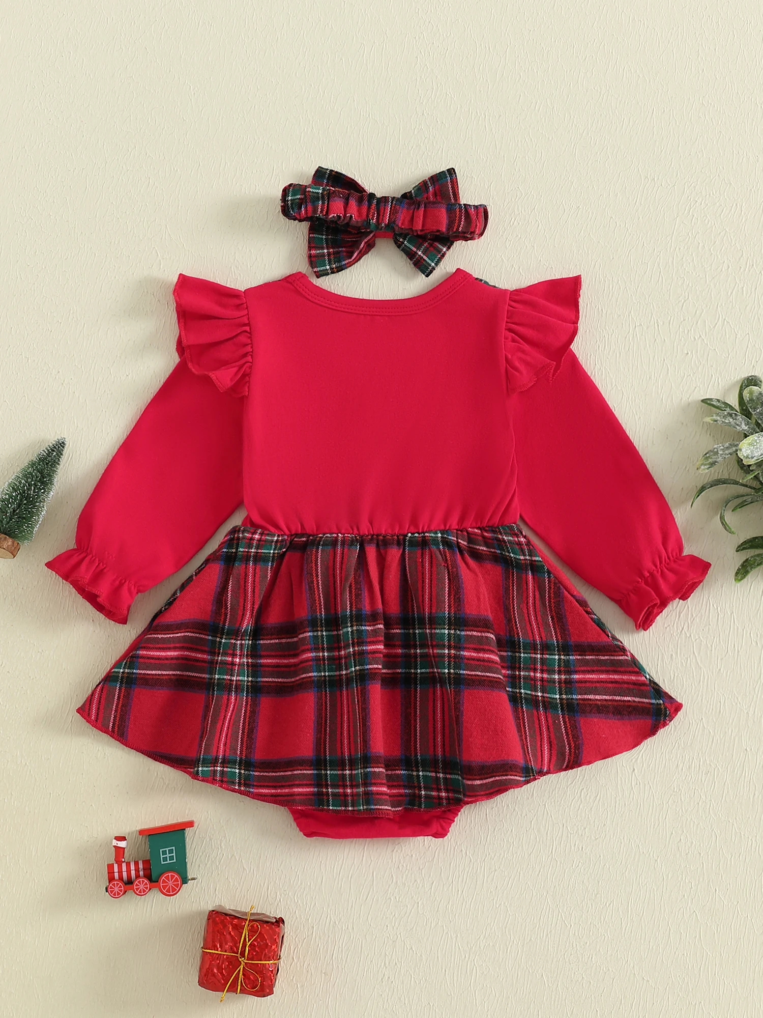 

Toddler Girl Tartan Romper Dress with Festive Christmas Tree Embroidery Ruffled Sleeves and Matching Headband for a Cute
