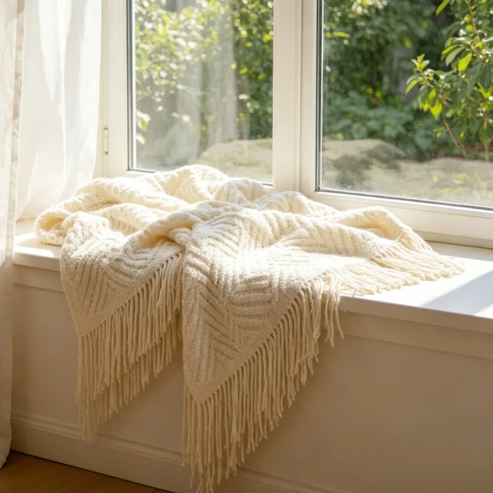 Luxury Chunky Cream Throw Blanket Soft Cozy Cable Knitted with Tassels All-Season Nordic Home Decor Blanket Gift view 4