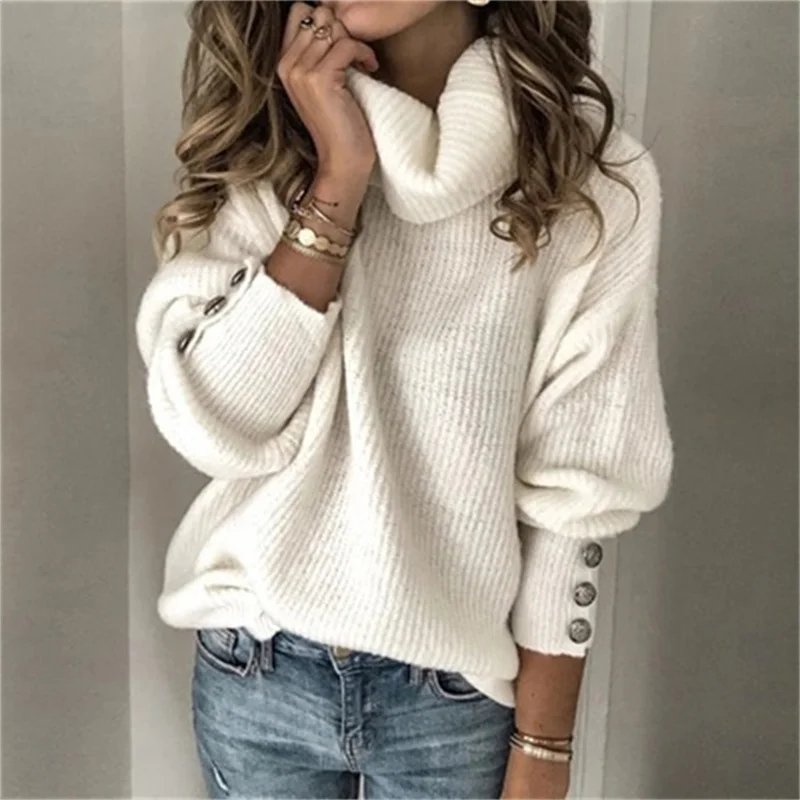 2024 Fashion Button Decoration Lantern Long Sleeve Knitwear Women Turtleneck Sweater Female Solid Color Pit Stripes Knitted Tops
