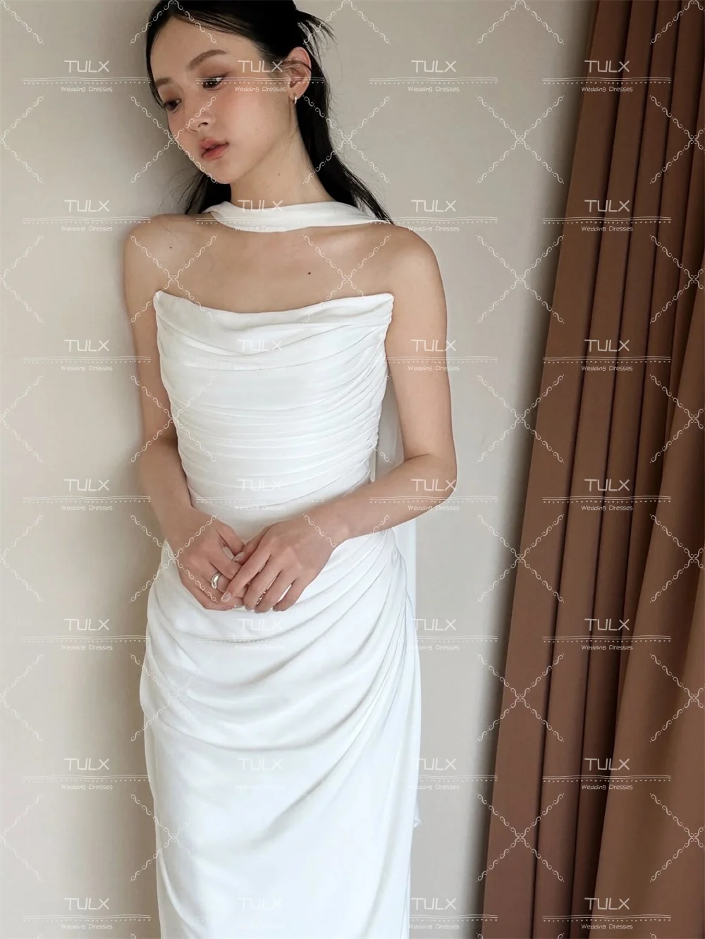 TULX 우아한 아이보리 쉬폰 웨딩드레스 한국 포토 촬영 O넥 머메이드 롱 브라이덜 가운 코르셋 맞춤 웨딩드레스 2026