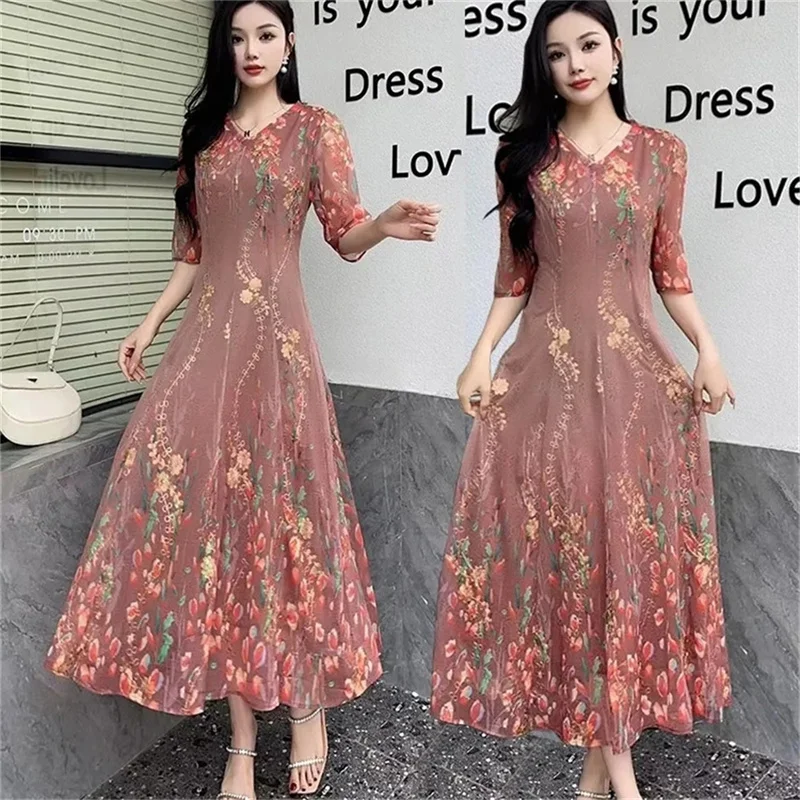 2024New Summer Female Short Sleeve Embroidery Middle Aged Mom Noble Mesh Heavy Lndustry Embroidery Dress Women Temperament Skirt