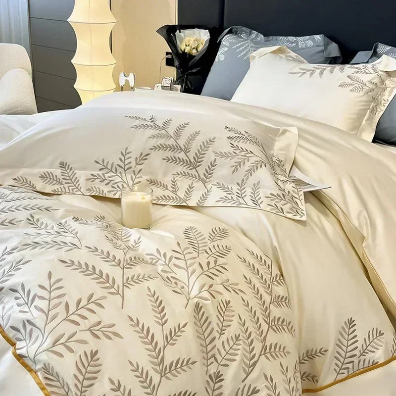 

100% Egyptian Cotton Luxury Bedding Set Leaves Embroidery Duvet Cover Set Elastic Band Bed Sheet Set Pillowcases Soft Bed Sets