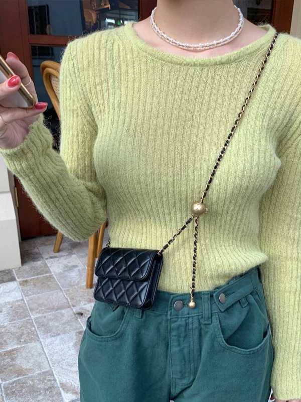 

Faionable Candy Colored Knitted Sweater Women's Long Sve Base Layer Top ort Sle Autumn New Arrival Slimming Effect