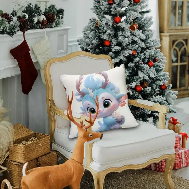 Christmas Pillow Covers Christmas Cushion Cute Dragon Pillowcases Reusable Square Zippered Pillowcase Cartoon Cartoon Christmas