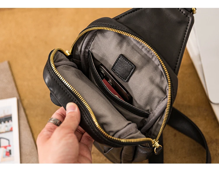 Outdoor daily sports luxury first layer cowhide men's black chest bag fashion designer handmade genuine leather crossbody bag