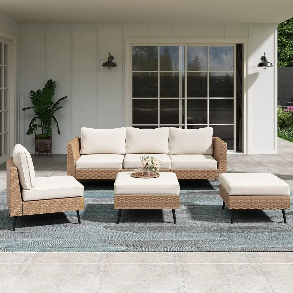 

6 Piece Outdoor Sectional Sofa Set, PE Rattan Wicker Patio Conversation Sets, All Weather with Thick Cushions for Garden