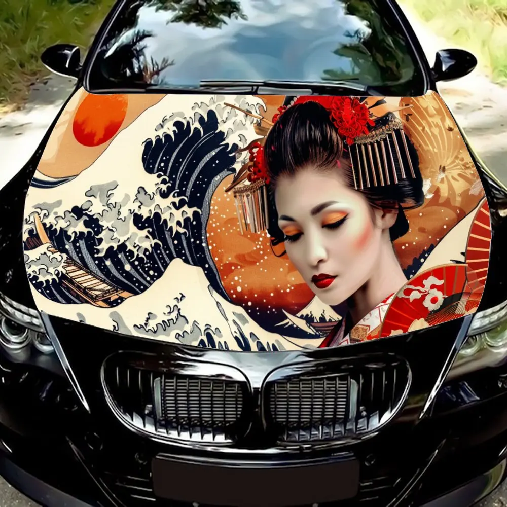 

Японская гейша, морская волна, красное солнце, автомобильный капот, цветная виниловая наклейка, графический капот грузовика, автоаксессуары, украшение, наклейка, подарок