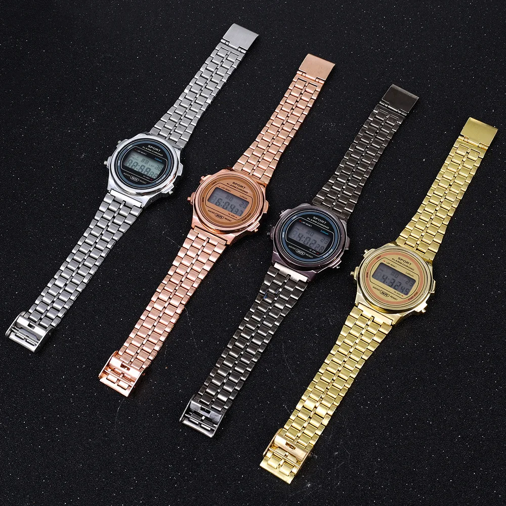女性カジュアル LED 電子時計レトロステンレス鋼ストラップレディース LED デジタル時計多機能スポーツ腕時計時計