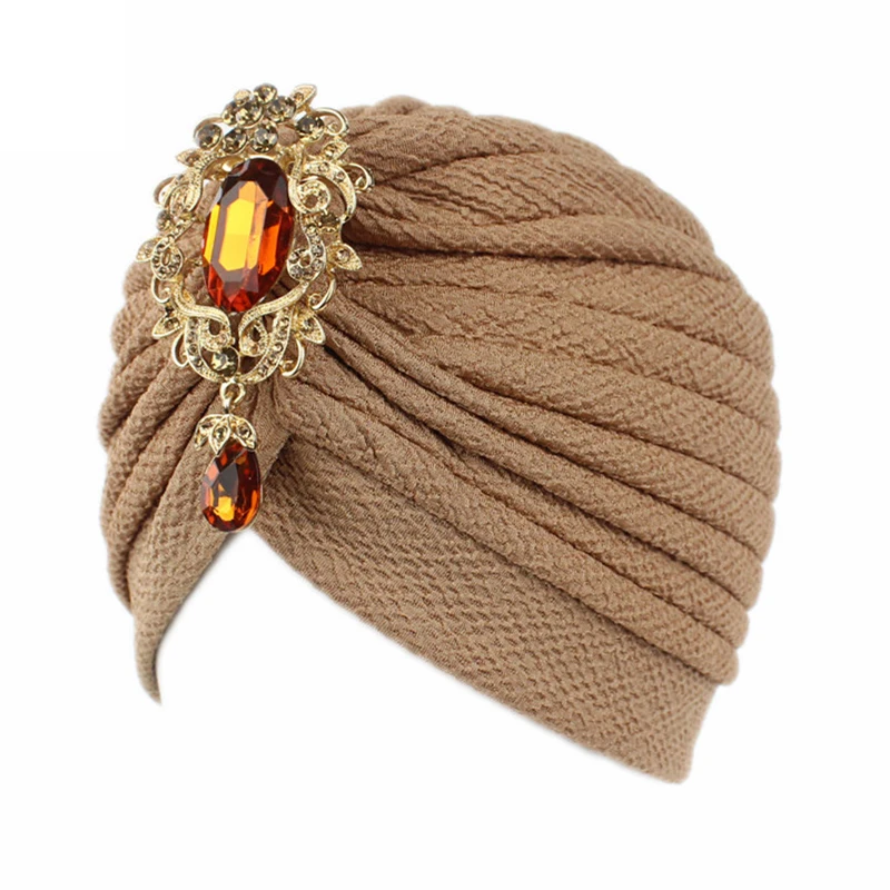 New women jewelry Turban Hat with Pendant Fashion Muslim Hijab Caps Diamonds Head Wrap Ladies Bandana Chemo Cap Arab Wrap