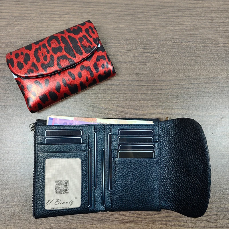Women's Fashion Leopard Printing Genuine Cow Leather Short Wallet Coin Purse ID Card Holder Money Bag Tri-fold Wallet for Ladies