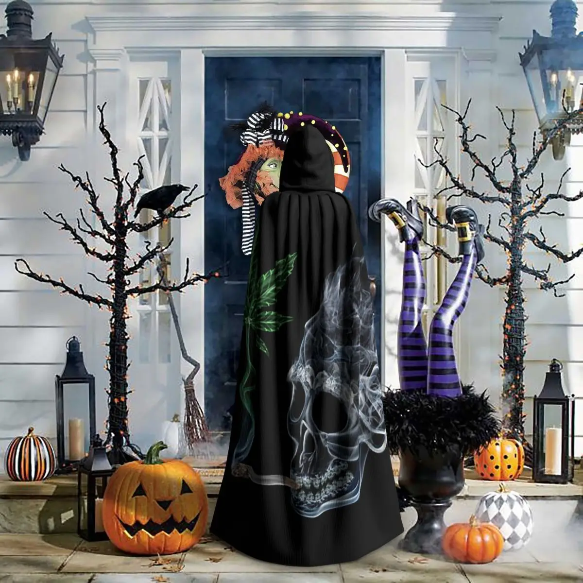 Skull And Leaf Long Hooded Cloak Witch Medieval Costume Cosplay Cape HalloweenVampire Adult Unisex - view 6