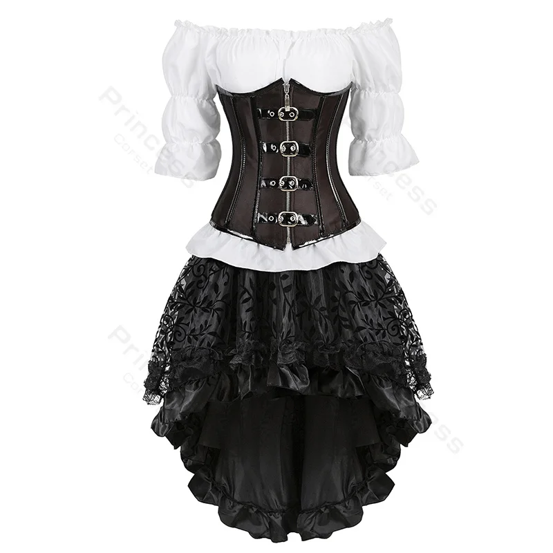 

Steampunk Corset Dress Shoulder Off Gothic Corset Dresses Lace Skirt Pirate Bustier Corsets Dresses for Women Plus Size Black