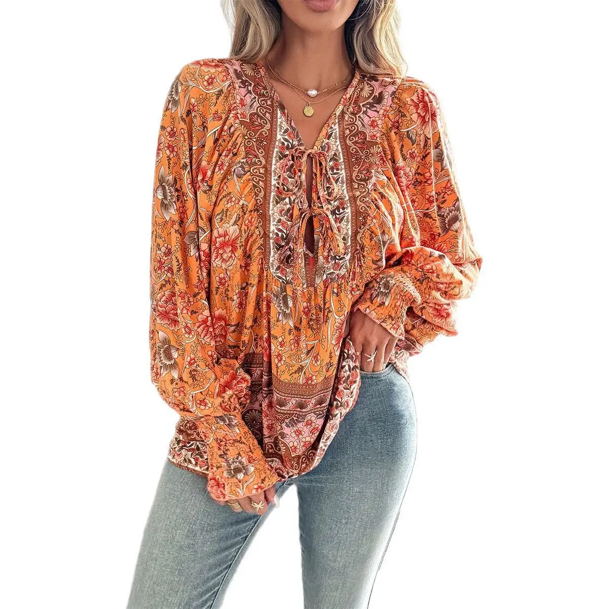 Women's Printed Long Sve T-irt Top Casual Sle Lantern Sve Thin Fabric Plant Floral Pattern No Brand PU Material