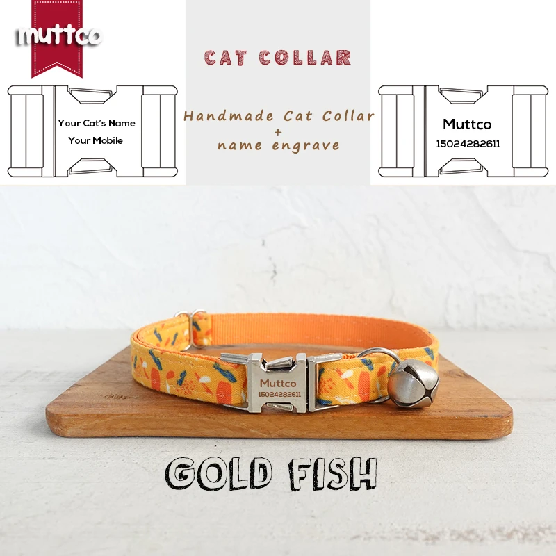 MUTTCO Retailing engraved cute and beautiful self-design personalized cat collars GOLD FISH handmade collar  2 sizes UCC122