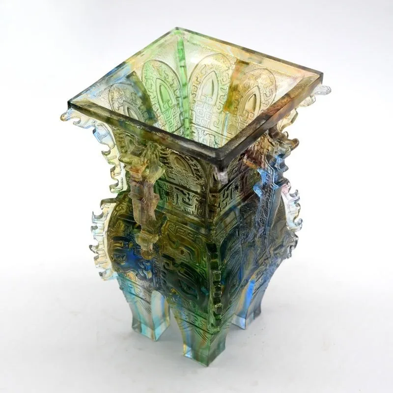 Glass Sifang Ding ancient glass gifts, handicrafts home decoration antique ornaments, opening office trophy craftsmanship