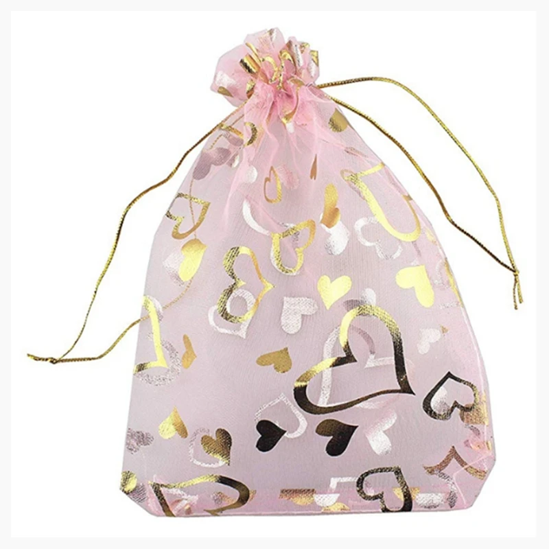 

9X12cm Heart Printed Pink Organza Bags Organza Drawstring Pouches Wedding Favors Candy Bags