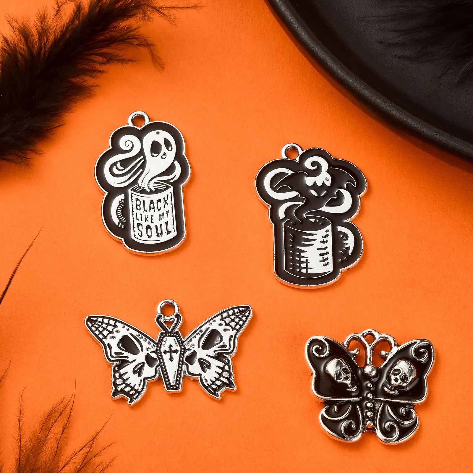 20Pcs 4 Styles Gothic Charms Black Butterfly Cup Charms Skull Ghost Bat Pattern Halloween Gothic Charms for Jewelry Making DIY