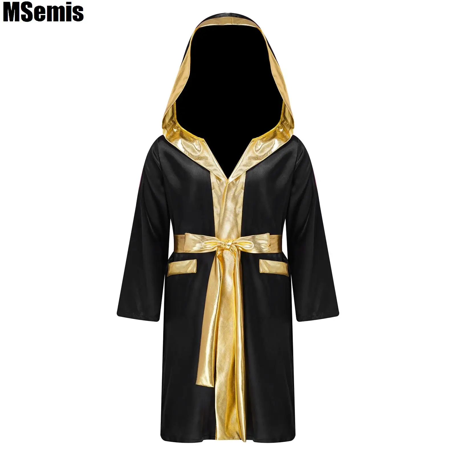 

Kids Boys Boxing Robe Halloween Cosplay Costume Long Sleeve Open Front Metallic Trim Satin Hooded Cloak with Belt