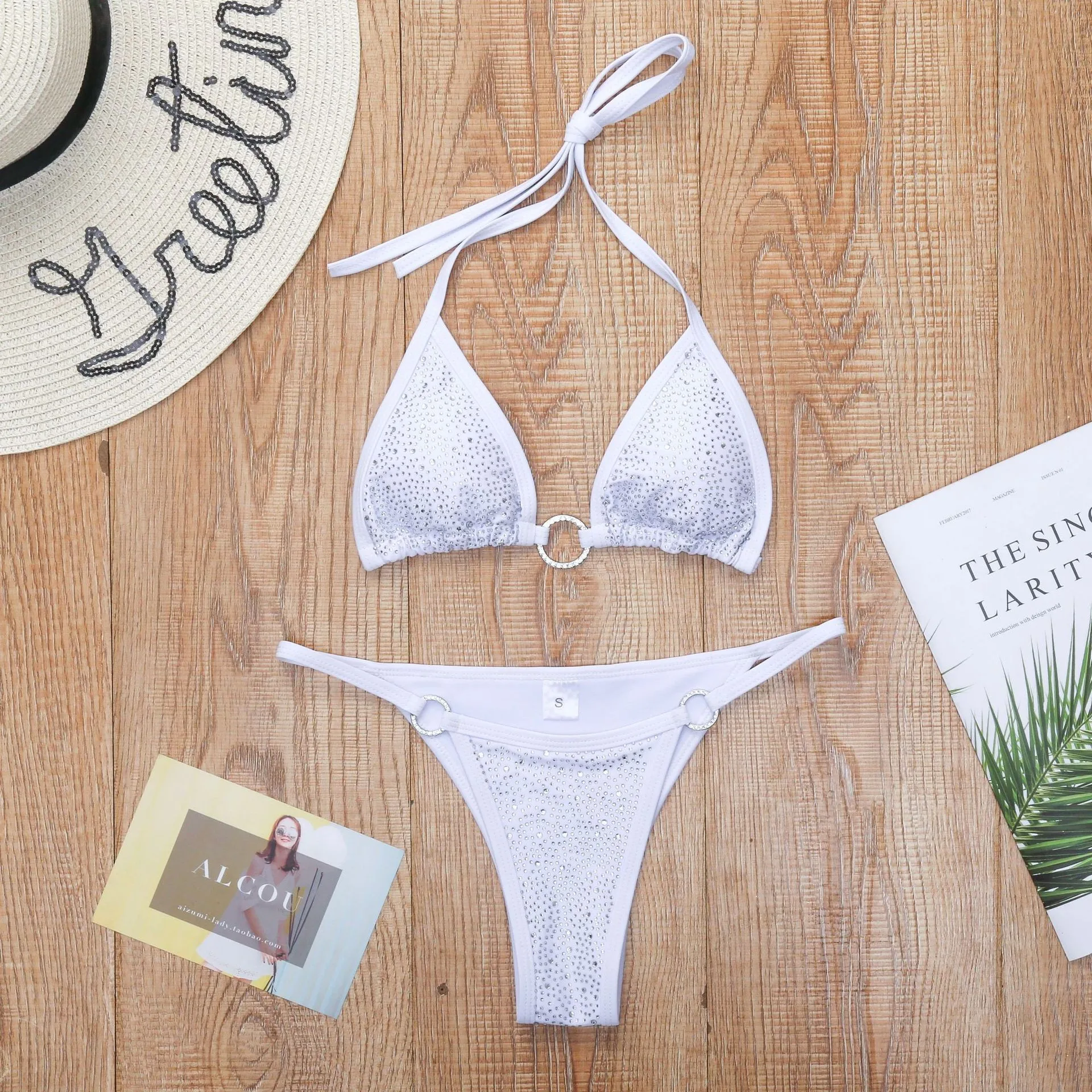 Woman 2026 Bikini Sets Triangle Top Thong Bottom Rhinestone Bikinis Yellow Black White Swimwear Halter Tie Metal Ring Two Piece