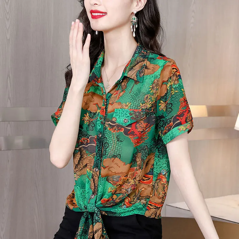 Office Lady Vintage Printed Shirt Stylish Bandage Summer Short Sleeve Single-breasted Female Turn-down Collar Spliced Blouse New