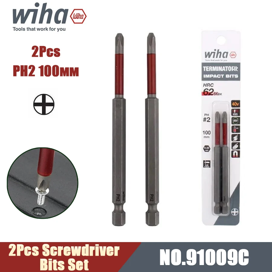 WIHA 2Pcs Impact Screwdriver Bits Set High Torque HRC 62 PH2 Bits 65/85/100/110mm Phillips Screw Driver Head NO.91001C Series