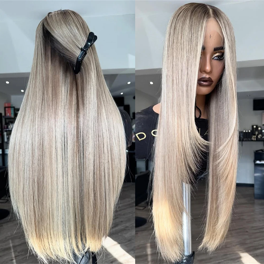 

30-дюймовый прямой длинный синтетический парик с эффектом омбре, пепельно-русый, с темными корнями, предварительно пророщенный, для женщин, с мелированием, цветной парик блонд