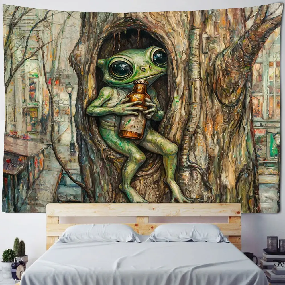 Psychedelic frog personification background decoration tapestry, home personality personality grid background de