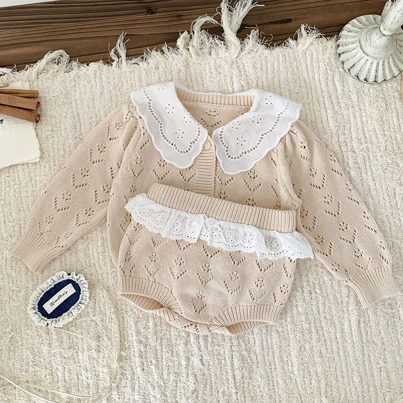 2024 New Autumn Newborn Baby Girls Clothing Set Long Sleeved Knitted Cardigan+PP Shorts Korean Style Children Clothes Suit