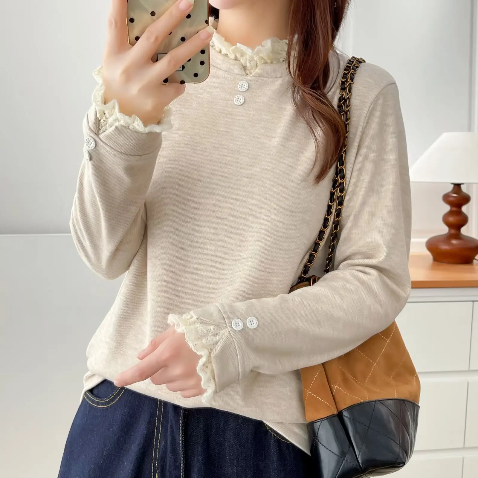 XXXXL موضة حجم كبير ملابس امرأة تي شيرت جديد الخريف والشتاء الدانتيل طوق الدافئة الصوف بأكمام طويلة بلايز عادية 8861 #2