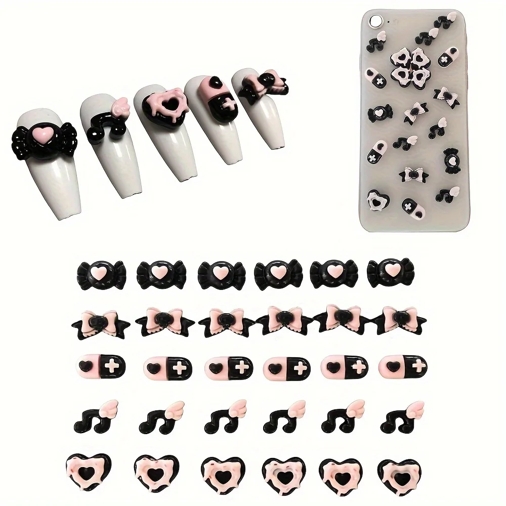 30/40Pcs Y2K Black White Pink Small Cartoon Bow Candy Music Note Nail Art Decoration Charm Good Quality Diy Crafts For Girls