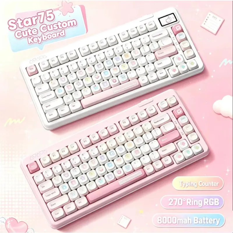 RECCAZR Star75 Wireless Pink Cute Gaming Mechanical Keyboard, 75% Layout, Bluetooth 2.4G, RGB Hotswap Keyboard for Girl Gamers